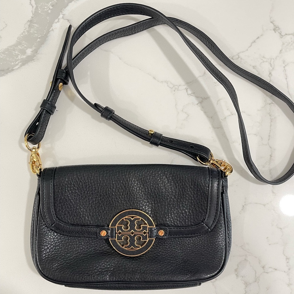 Tory Burch black and gold hardware pebble leather crossbody or shoulder bag